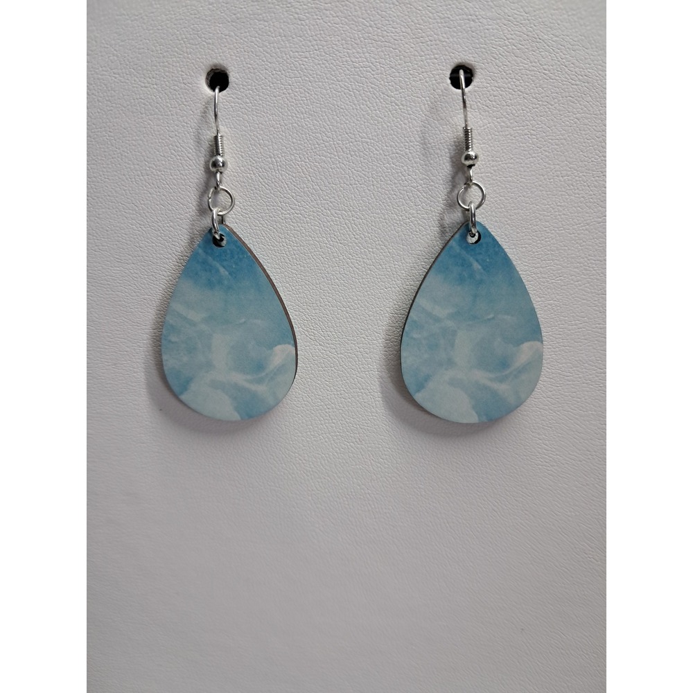 Blue Cloud Print Teardrop Dangle Earrings Silver Tone Fishhook Boho Sky Pattern